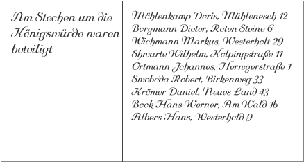 Am Stechen um die Königswürde warenbeteiligt Möhlenkamp Doris, Mühlenesch 12Borgmann Dieter, Roten Steine 6Wichmann Markus, Westerholt 29Shwarte Wilhelm, Kolpingstraße 11Ortmann Johannes, Herwgerstraße 1Swoboda Robert, Birkenweg 33Krömer Daniel, Neues Land 43Book Hans-Werner, Am Wald 1bAlbers Hans, Westerhold 9