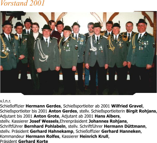 v.l.n.r. Schießoffizier Hermann Gerdes, Schießsportleiter ab 2001 Wilfried Gravel,Schießsportleiter bis 2001 Anton Gerdes, stellv. Schießsportleiterin Birgit Rohjans,Adjutant bis 2001 Anton Grote, Adjutant ab 2001 Hans Albers, stellv. Kassierer Josef Wessels,Ehrenpräsident Johannes Rohjans, Schriftführer Bernhard Pohlabeln, stellv. Schriftführer Hermann Düttmann, stellv. Präsident Gerhard Hahnekamp, Schießoffizier Gerhard Hanneken, Kommandeur Hermann Rolfes, Kassierer Heinrich Krull, Präsident Gerhard Korte Vorstand 2001