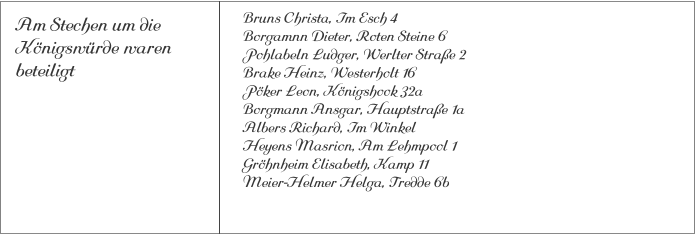 Am Stechen um die Königswürde warenbeteiligt Bruns Christa, Im Esch 4Borgamnn Dieter, Roten Steine 6Pohlabeln Ludger, Werlter Straße 2Brake Heinz, Westerholt 16Pöker Leon, Königshook 32aBorgmann Ansgar, Hauptstraße 1aAlbers Richard, Im WinkelHeyens Masrion, Am Lehmpool 1Gröhnheim Elisabeth, Kamp 11Meier-Helmer Helga, Tredde 6b